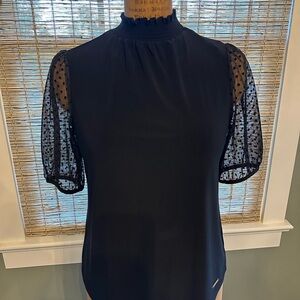 Anne Klein Black Blouse with Sheer Polka Dot Sleeves